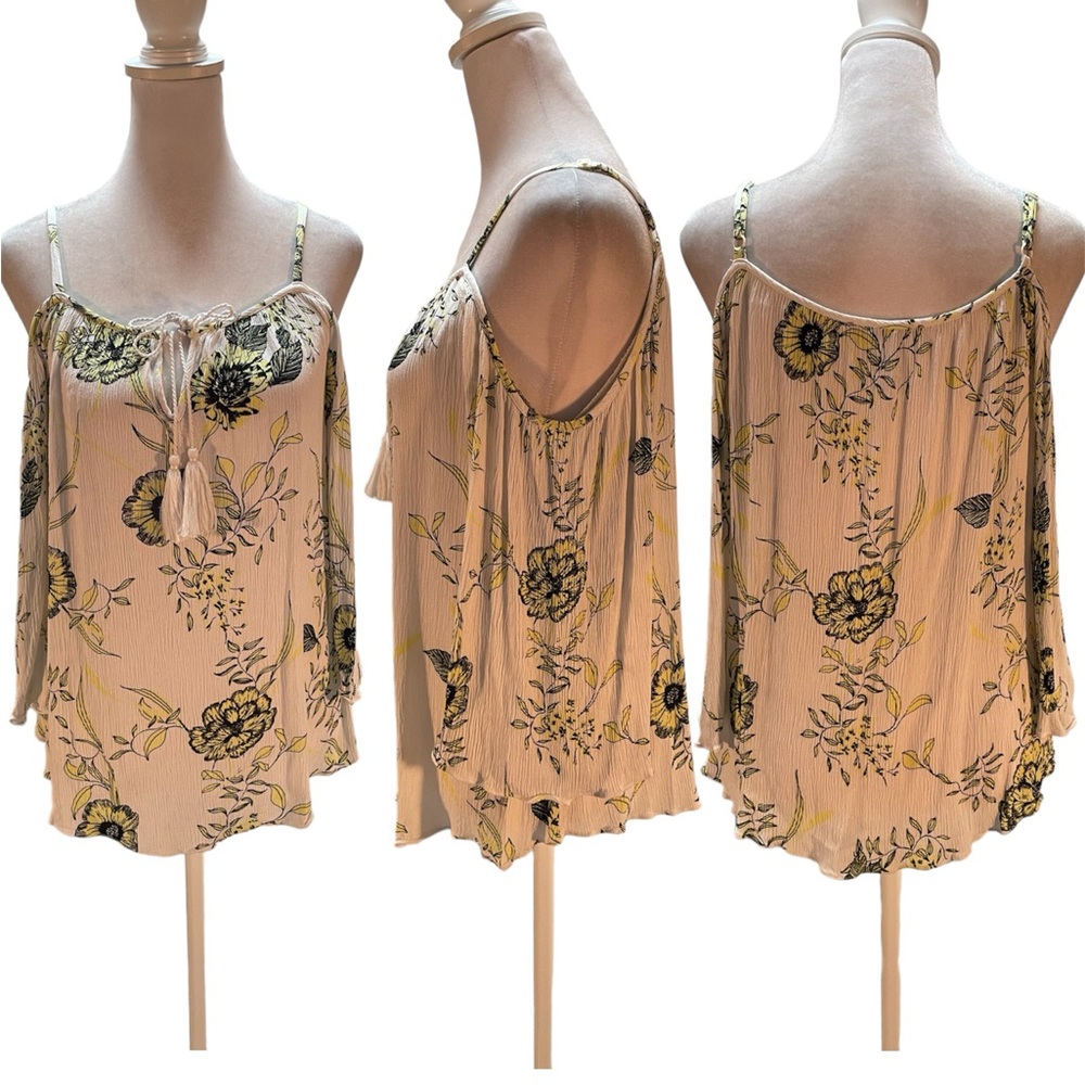 INC International Concepts White, Black & Yellow Floral Print Cold Shoulder Top